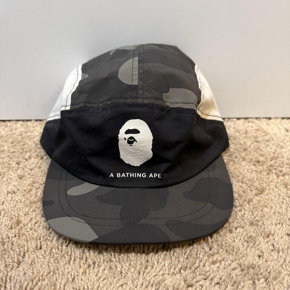 A Bathing Ape Hat Cap Strap Back Black Camo 5 Panel Ape Logo Mens Streetwear